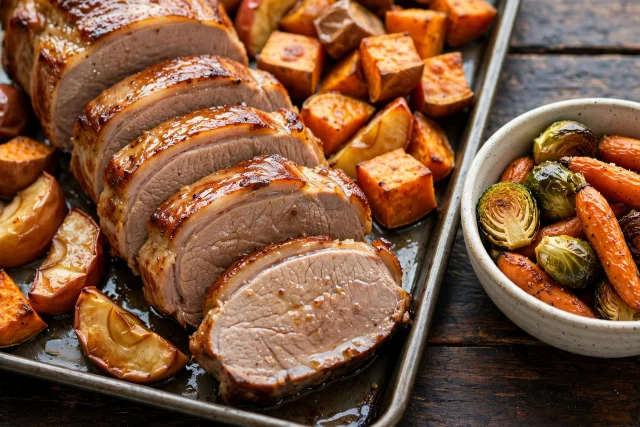 Sliced pork loin with sweet potatoes and apples