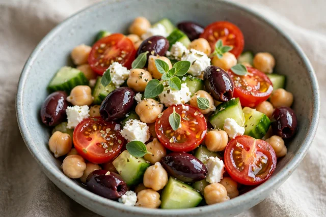 Greek salad lunch with chickpeas and feta