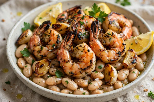 Grilled shrimp dinner with garlic and lemon