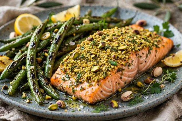 Herb crusted salmon dinner with green beans