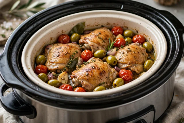 Slow cooker turkey dinner with olives and tomatoes
