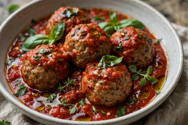 Turkey meatballs dinner with herbs and tomato