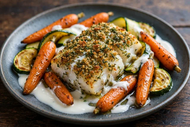 Herb crusted cod fillet with roasted carrots, zucchini, and yogurt sauce