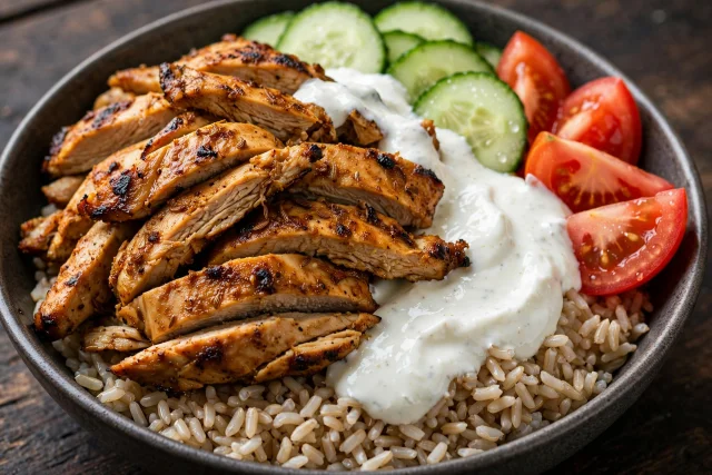 Chicken shawarma bowl with brown rice, cucumber, tomato, and garlic yogurt