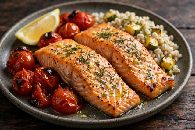 Lemon dill baked salmon with blistered tomatoes and barley