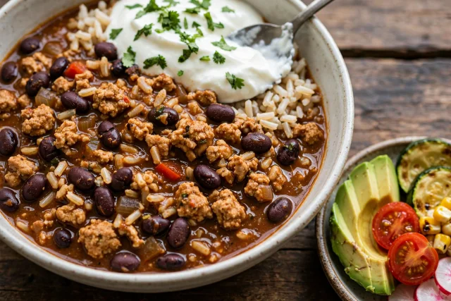 Turkey and black bean chili with brown rice and a spoon of yogurt