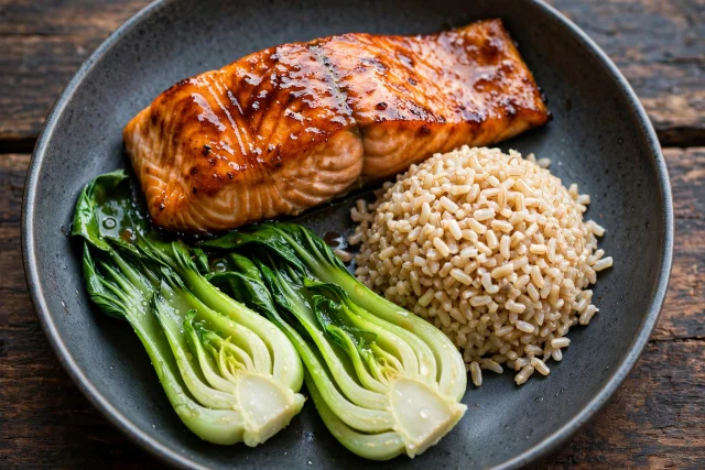 Miso glazed salmon with baby bok choy and steamed rice