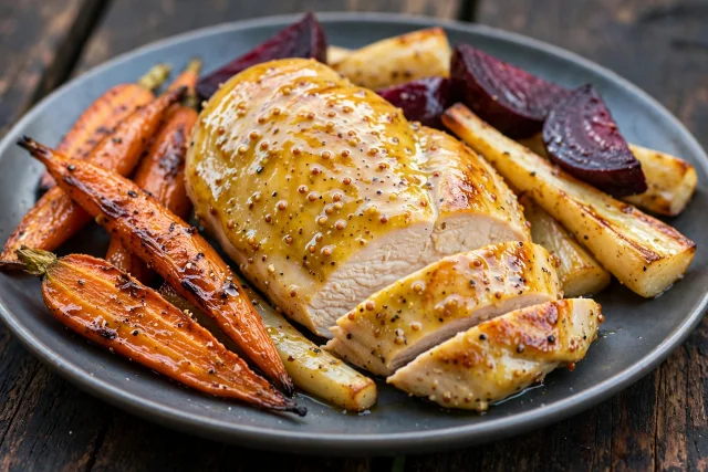Mustard glazed chicken with roasted carrots, parsnips, and beets