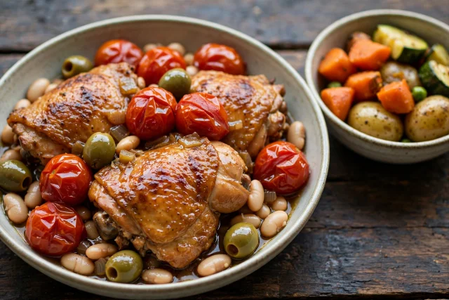 Braised chicken thighs with cherry tomatoes, green olives, and white beans