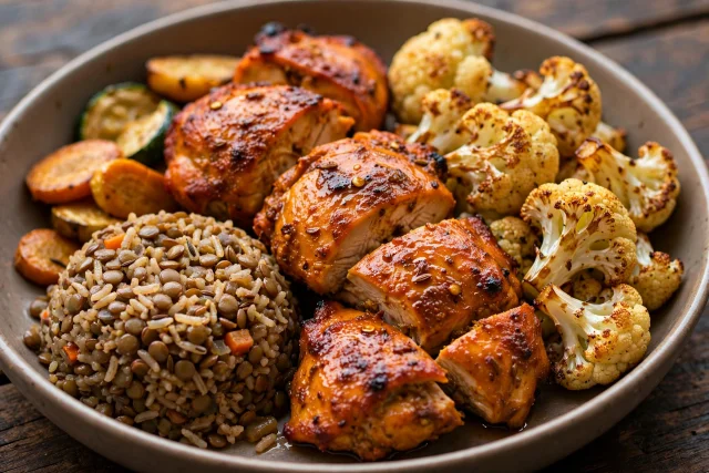 Tandoori chicken with roasted cauliflower and lentil pilaf