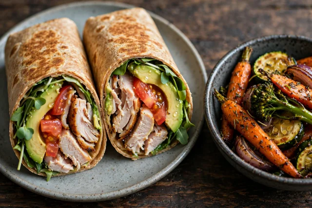Turkey avocado wrap with tomato and greens on a plate