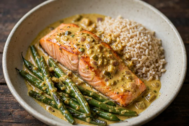 Coconut curry salmon with green beans in a rice bowl