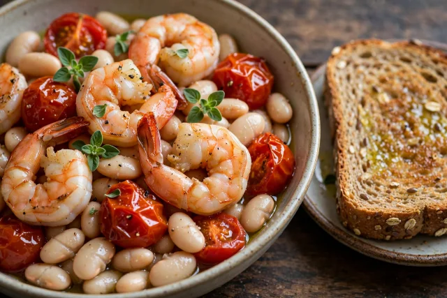 Shrimp with white beans, tomatoes, and oregano