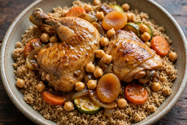 Chicken tagine with apricots, chickpeas, and whole wheat couscous