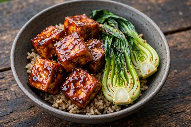 Gochujang glazed tofu with bok choy over rice