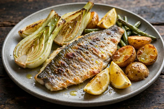 Baked sea bass with fennel wedges, lemon, and potatoes