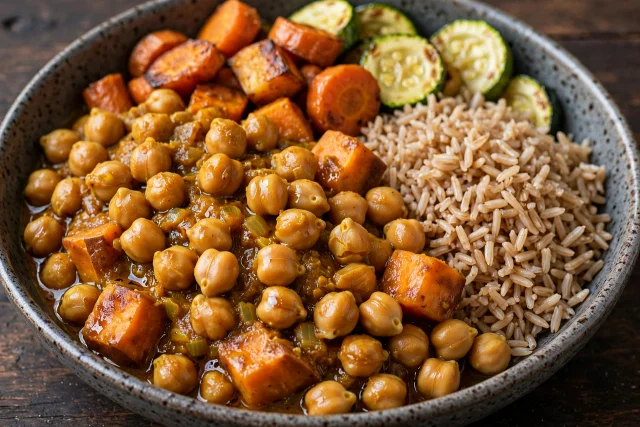 Chickpea and sweet potato curry with brown basmati rice