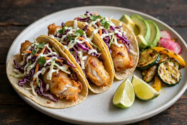 Fish tacos with cabbage slaw and lime crema on corn tortillas