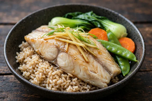 Steamed fish with ginger and scallion over rice