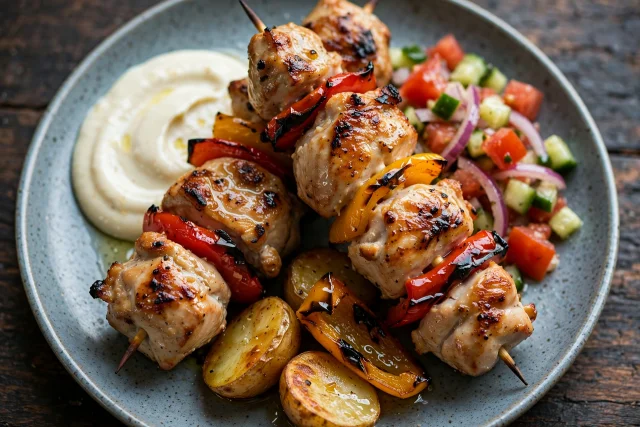 Chicken shish tawook skewers with garlic sauce and grilled peppers
