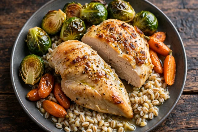 Baked chicken with Brussels sprouts and barley