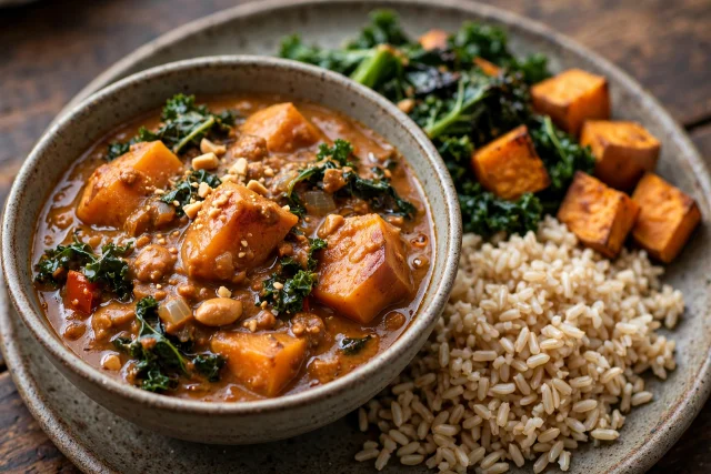 African peanut stew with sweet potato, kale, and brown rice