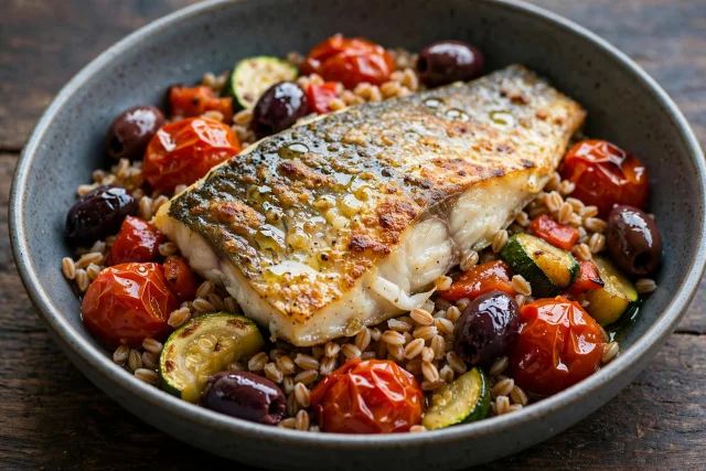 Mediterranean baked fish with olives, cherry tomatoes, and farro