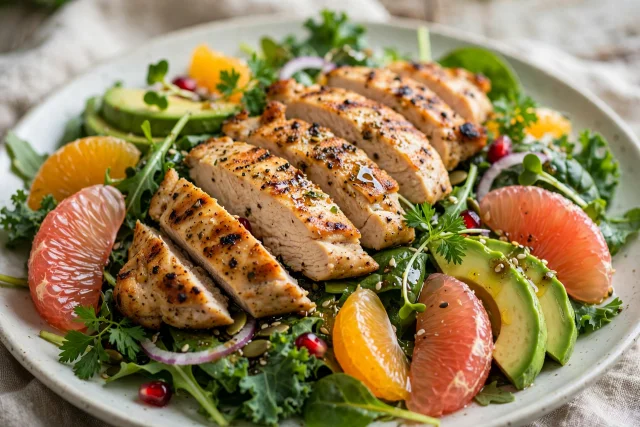 Grilled chicken salad lunch with citrus