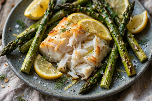 Baked cod lunch styled with asparagus