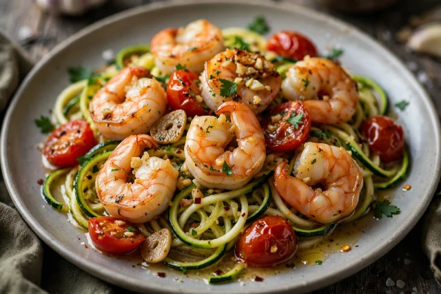 Garlic butter shrimp dinner with zucchini noodles