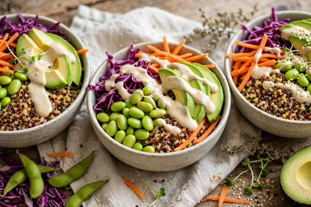 Rainbow quinoa bowls lunch with tahini