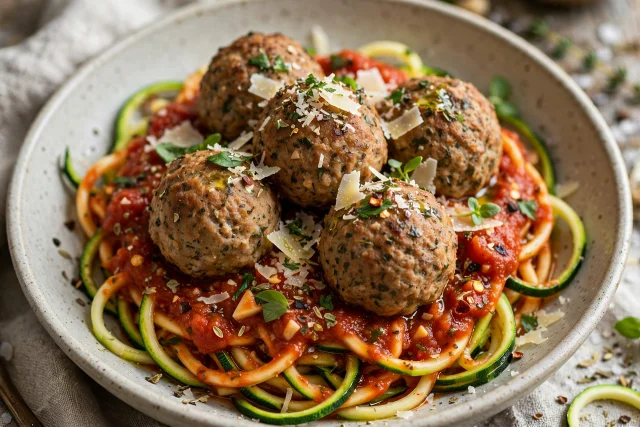 Turkey meatballs dinner with zucchini noodles