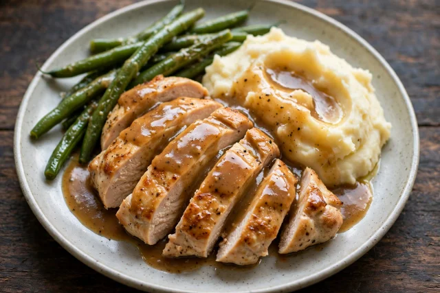 Sliced chicken with pan gravy, mashed potatoes, and green beans
