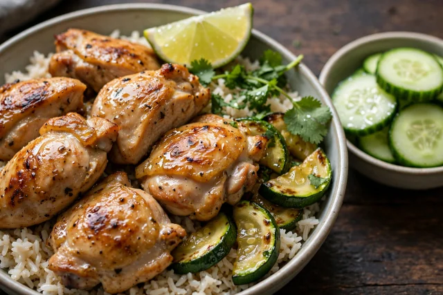 Chicken and rice bowl with zucchini, lime, and cilantro