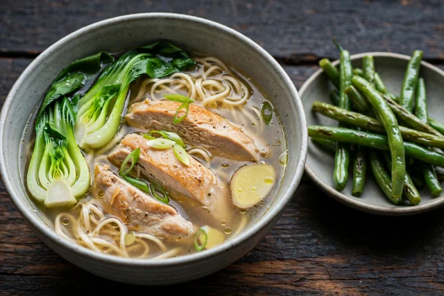 Ginger chicken noodle soup with bok choy