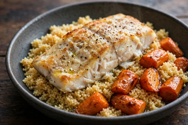 Baked haddock with couscous and roasted carrots