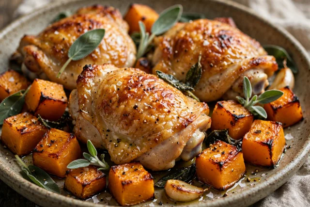 Baked chicken dinner with butternut squash