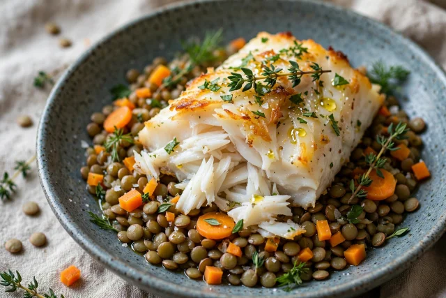 Baked cod dinner with green lentils