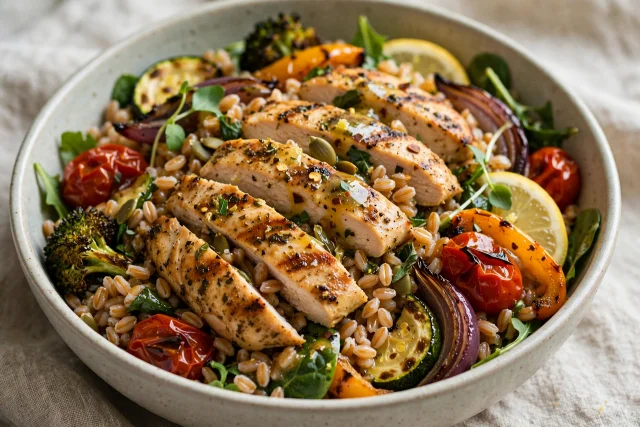 Farro salad lunch with grilled chicken