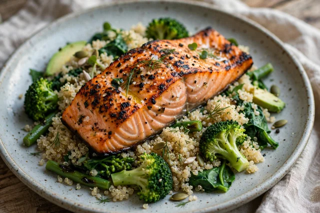 Grilled salmon dinner with quinoa and greens