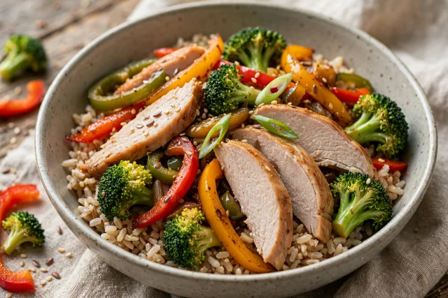 Turkey stir fry dinner with brown rice