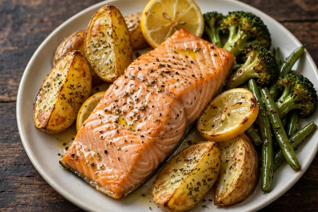 Baked salmon fillet with lemon and oregano roasted potatoes