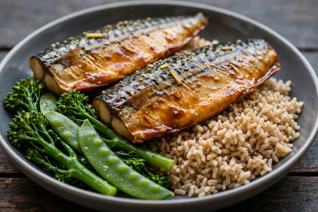 Ginger glazed mackerel with brown rice and greens