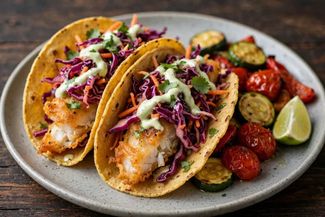 Baja fish tacos with cabbage slaw and lime crema