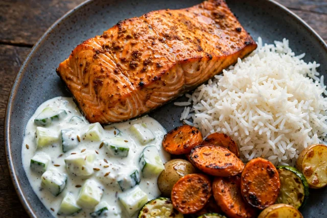 Tandoori salmon with cucumber raita and rice