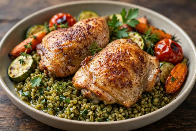 Sumac roasted chicken with freekeh and herbs