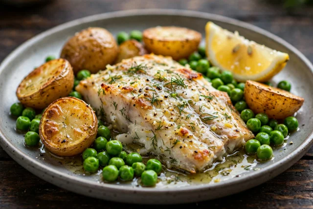 Dill baked haddock with new potatoes and peas