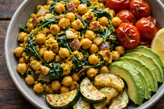 Turmeric chickpea spinach scramble in a skillet
