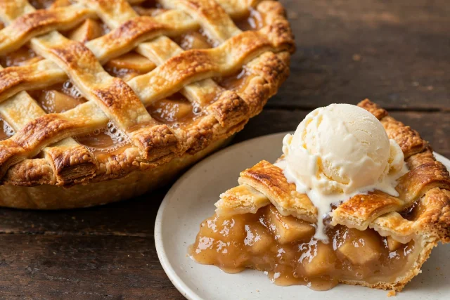 Classic apple pie with lattice crust and ice cream