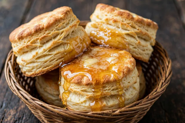 Buttermilk biscuits with honey butter in a basket